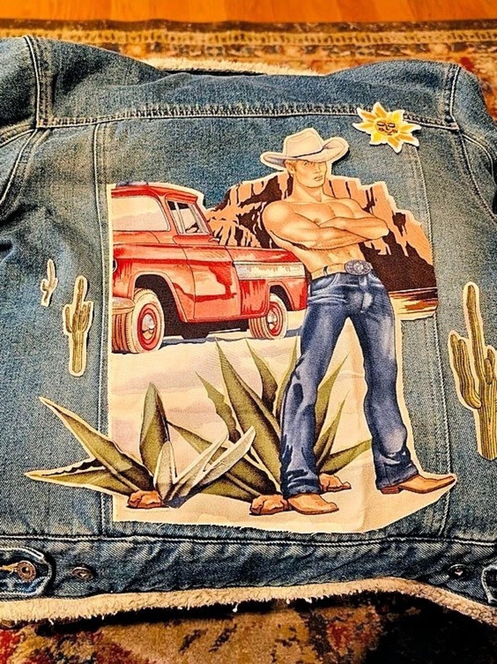 Blue Hand Embroidered Western Graphic Denim Jacket(wearable art)